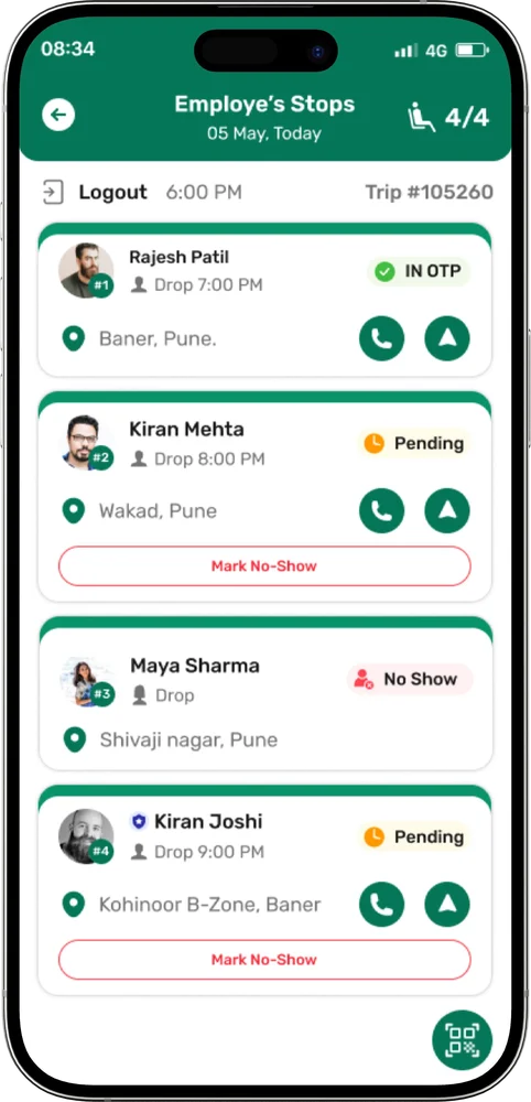 ShuttleMate driver app showing employee stops with call and navigation