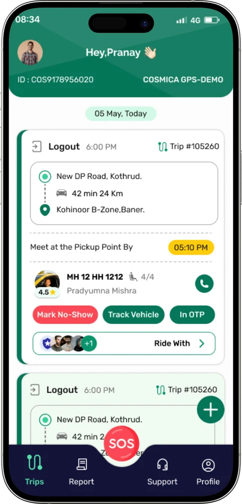 ShuttleMate employee app trip card with a Track Vehicle button