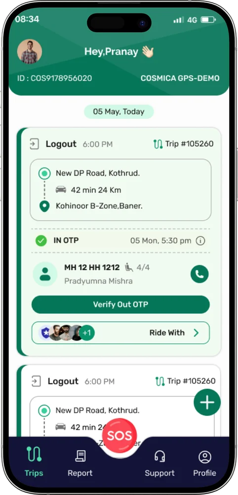 ShuttleMate employee app trip card with boarding verified